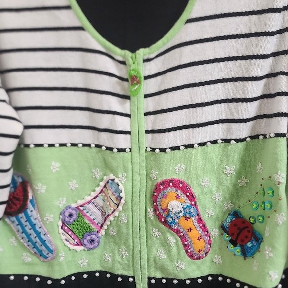 Jack B Quick Striped Cardigan w/ Embroidered Flip Flops Sequined, Beaded VINTAGE - Picture 5 of 6